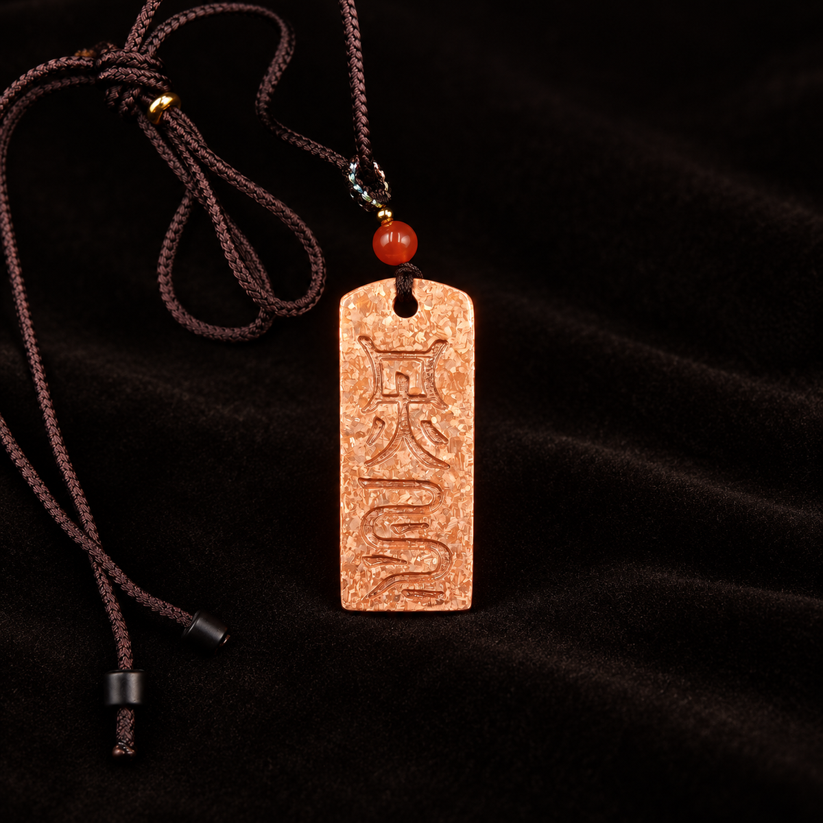 Taoist Suodi Talisman Hanging Ornament, Bantong Metal Charm — Original Finish — detail view on a dark studio background