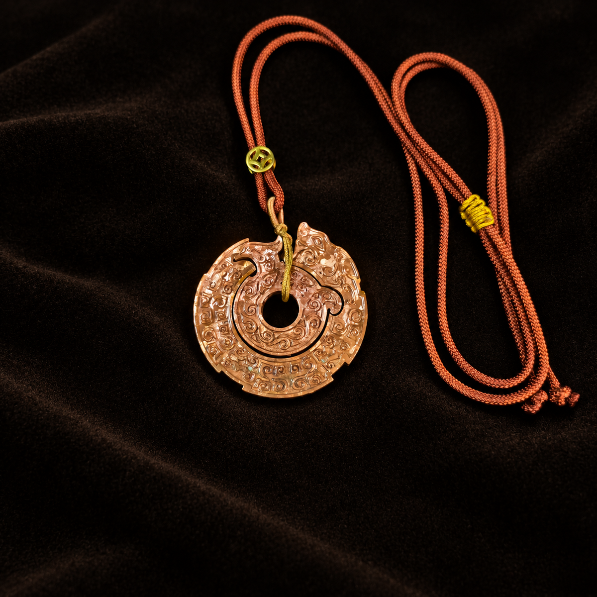 Dragon Phoenix Necklace, Chinese Bantong Copper Interlocking Pendant — full product view on a dark studio background