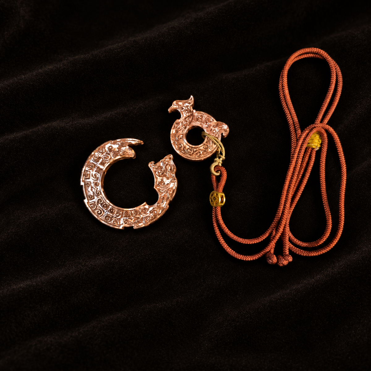 Dragon Phoenix Necklace, Chinese Bantong Copper Interlocking Pendant