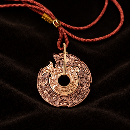 Dragon Phoenix Necklace, Chinese Bantong Copper Interlocking Pendant — detail view on a dark studio background