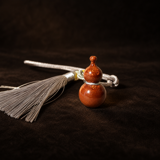 Copper Gourd Car Charm, Chinese Fulu Blessing Ornament, Bantong Tassel Gift — full product view on a dark studio background