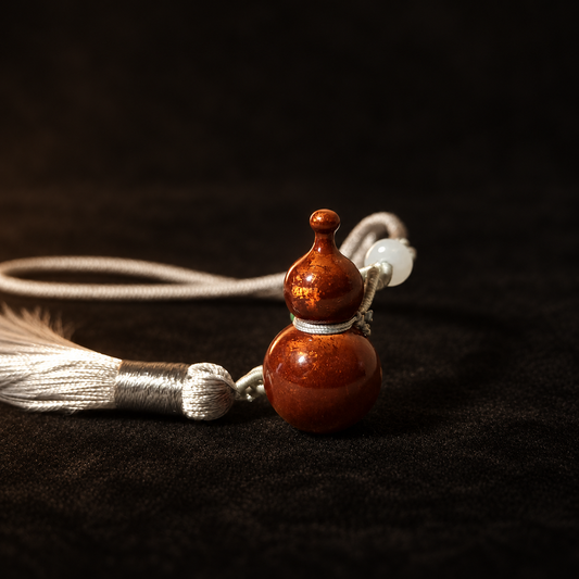 Copper Gourd Car Charm, Chinese Fulu Blessing Ornament, Bantong Tassel Gift — detail view on a dark studio background