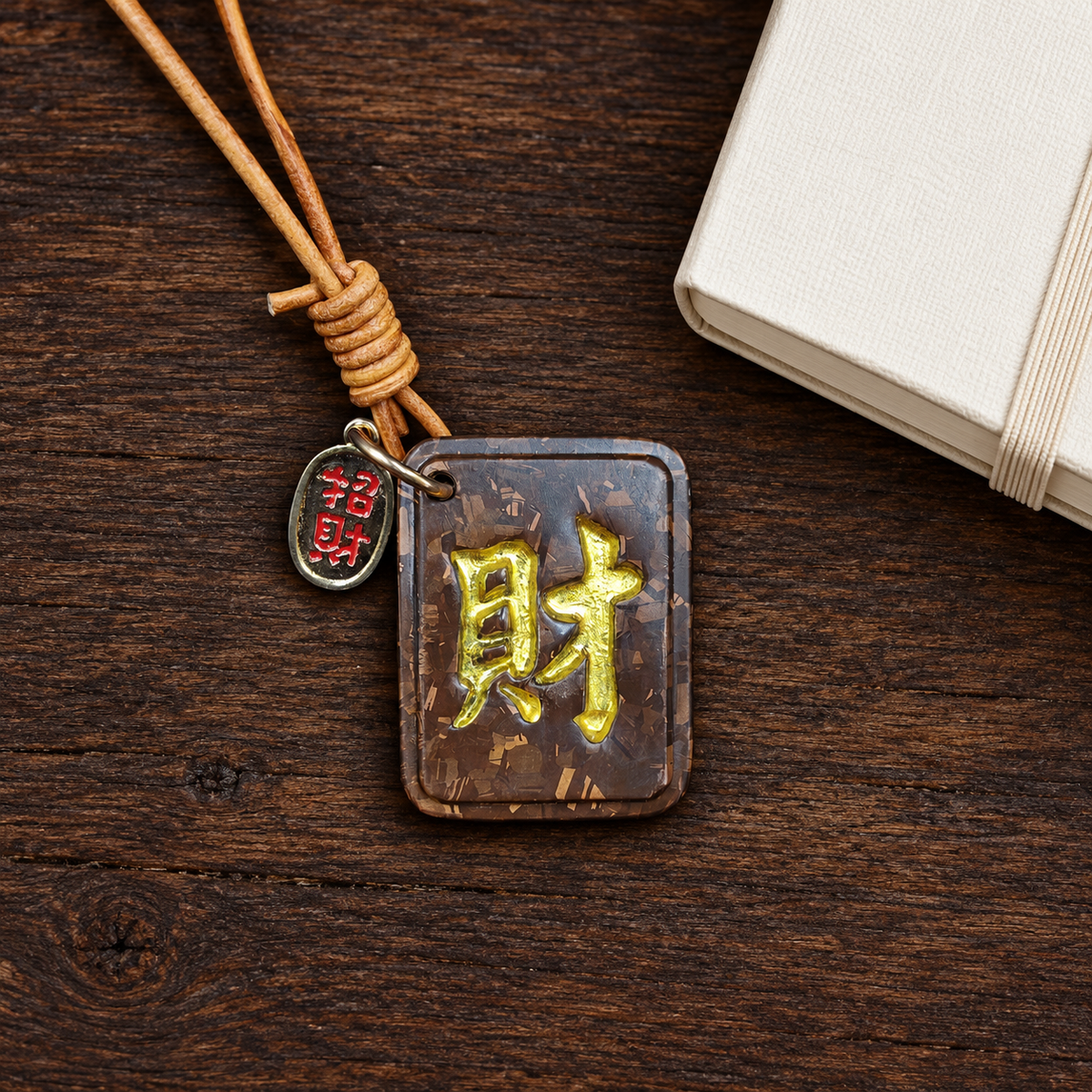 Bantong copper Cai hanging ornament — Gold journal flat-lay